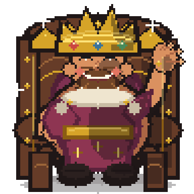 Big Man King, a huge jovial bearded human in an enormous crown, waving from his throne.